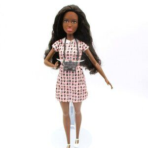 Barbie African American Photographer HCN10 Doll Long Curly Hair Pink Heart Dress